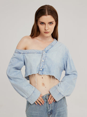 Asymmetrical One-shoulderDenim Crop Top