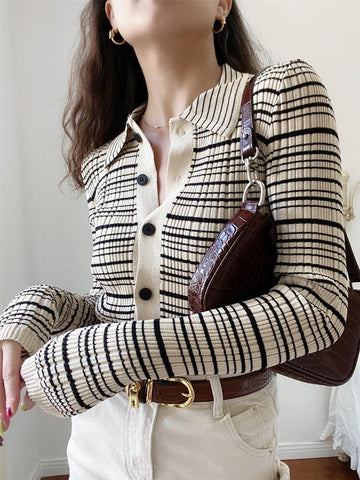 POLO Collar Single Breasted Striped Knit Cardigan