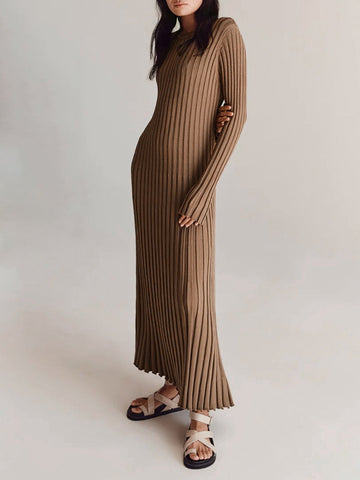 Round Neck Ribbed Solid Knitted Dress