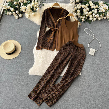 Shawl Coat V-Neck Base Knitwear Wide Leg Pants Three-Piece Set