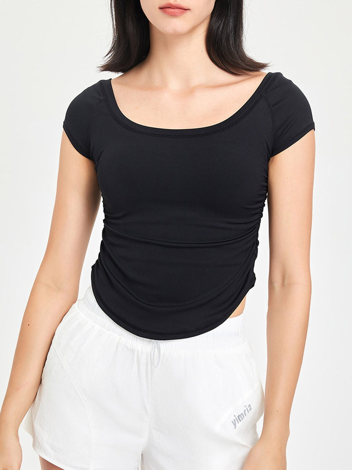 U Neck Side Lace Up Curved Hem T-shirt