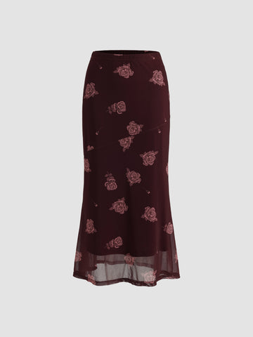 Floral Print Tulle Fishtail Skirt