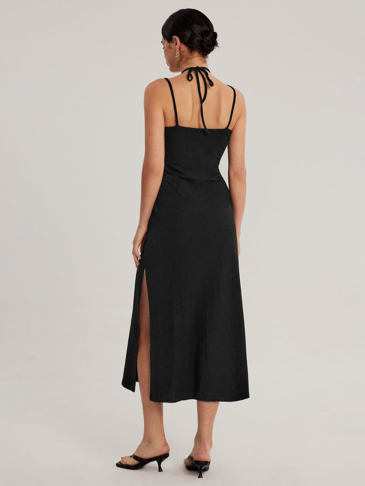 Black HoCo Slit Drawstring Midi Dress