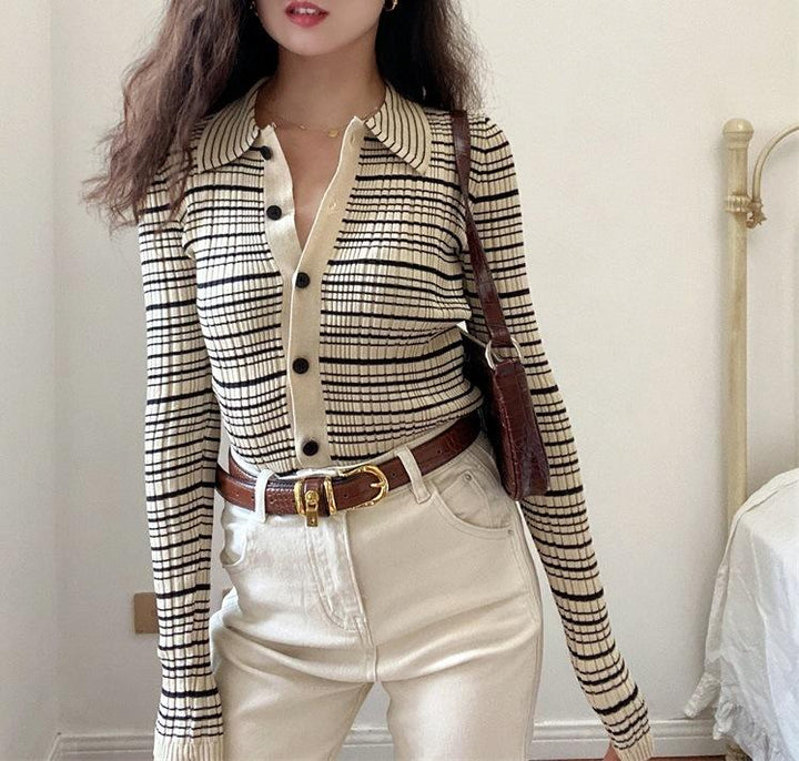 POLO Collar Single Breasted Striped Knit Cardigan