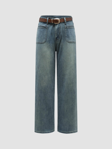 Wide-Leg Front Pockets Denim Jeans With Belt