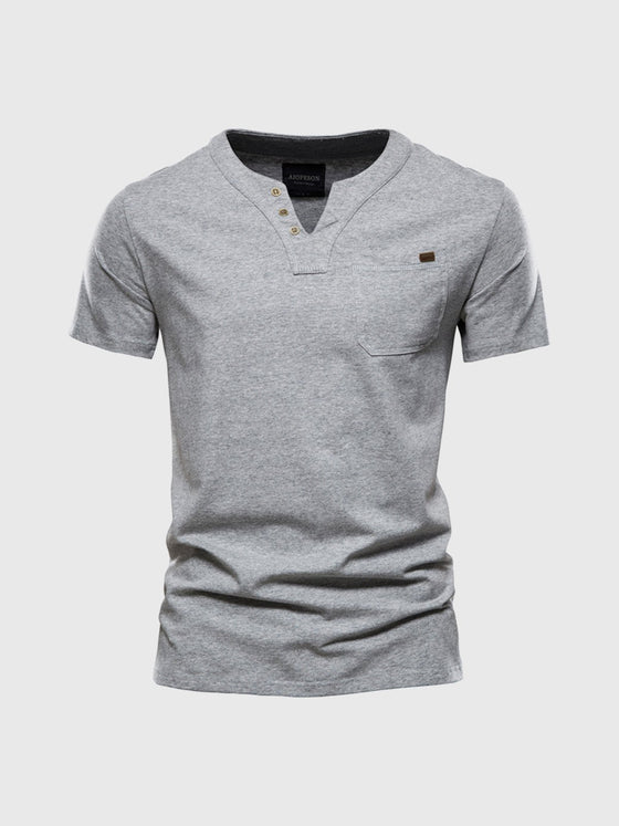 M's Pocket V-neck Henley Cotton T-Shirt - Ahaselected