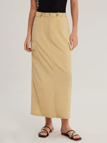 Back Slit Toggle Waist Cargo Maxi Skirt