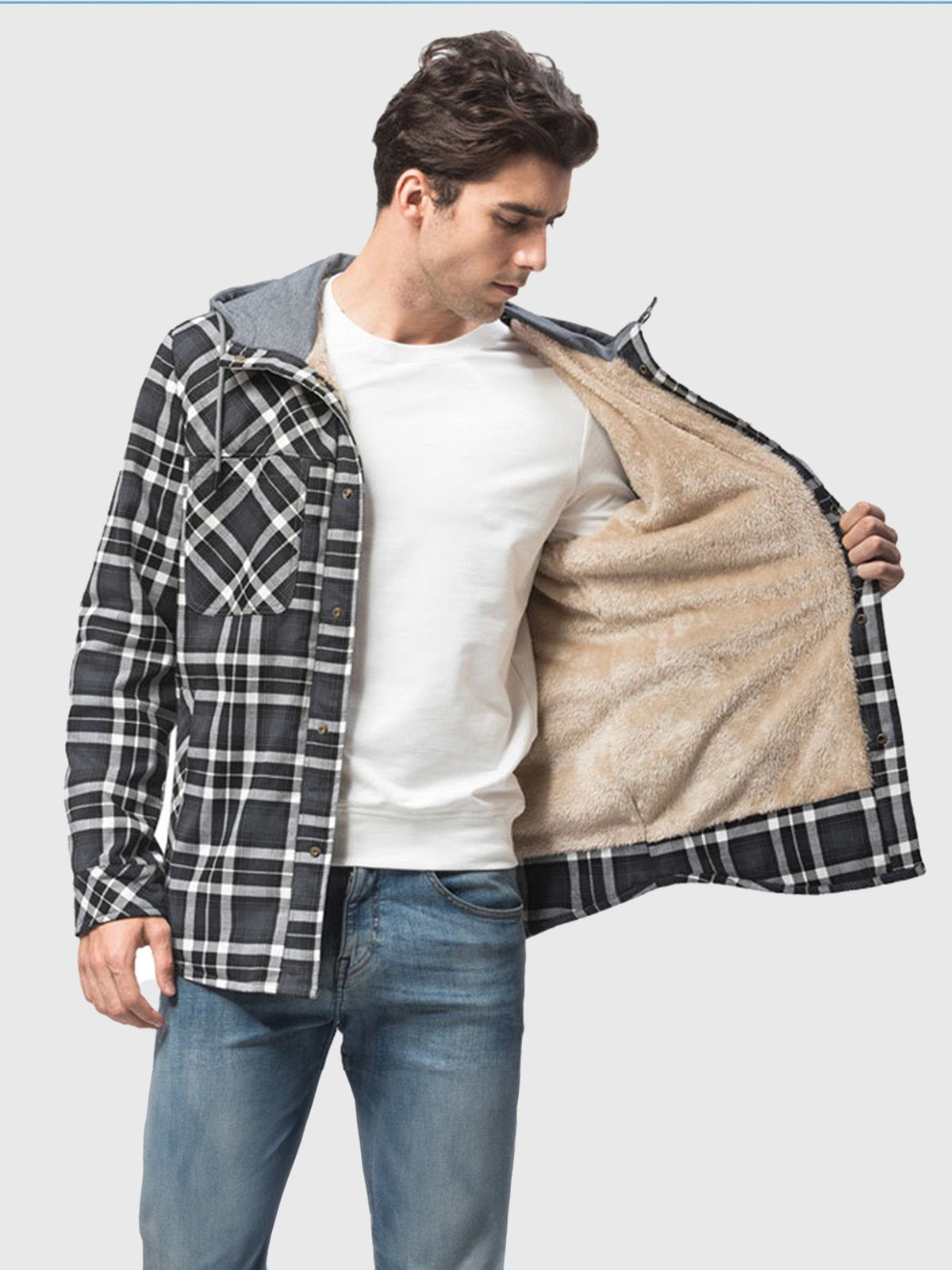 Corduroy Plaid Hooded Sherpa Lined Flannel Jacket - Ahaselected
