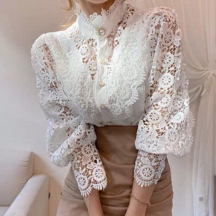 Chic Button Lace Hollow Flower Shirt