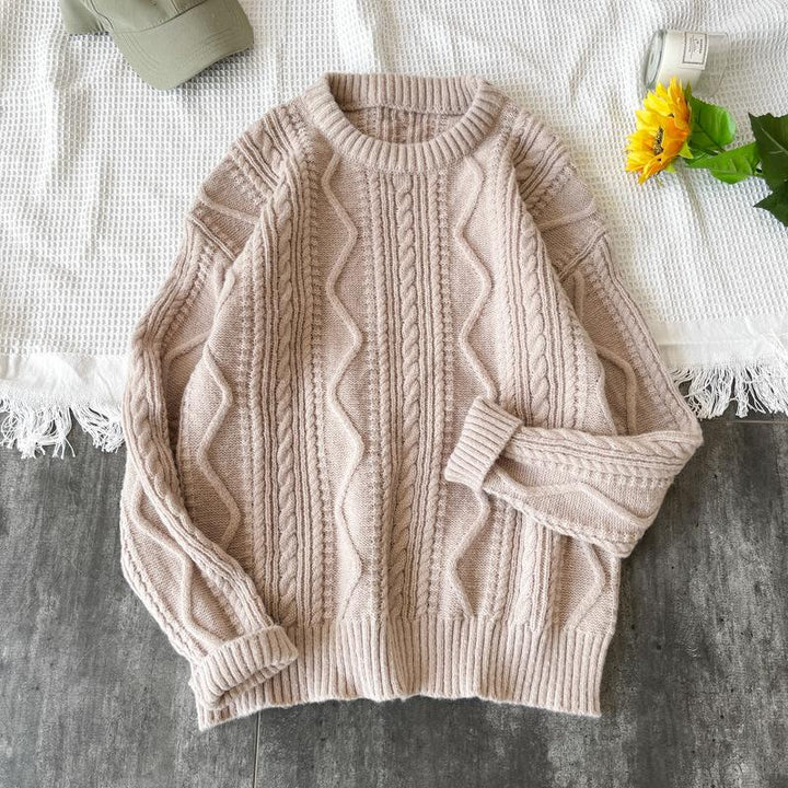 Loose Solid Color Crewneck Jacquard Sweater