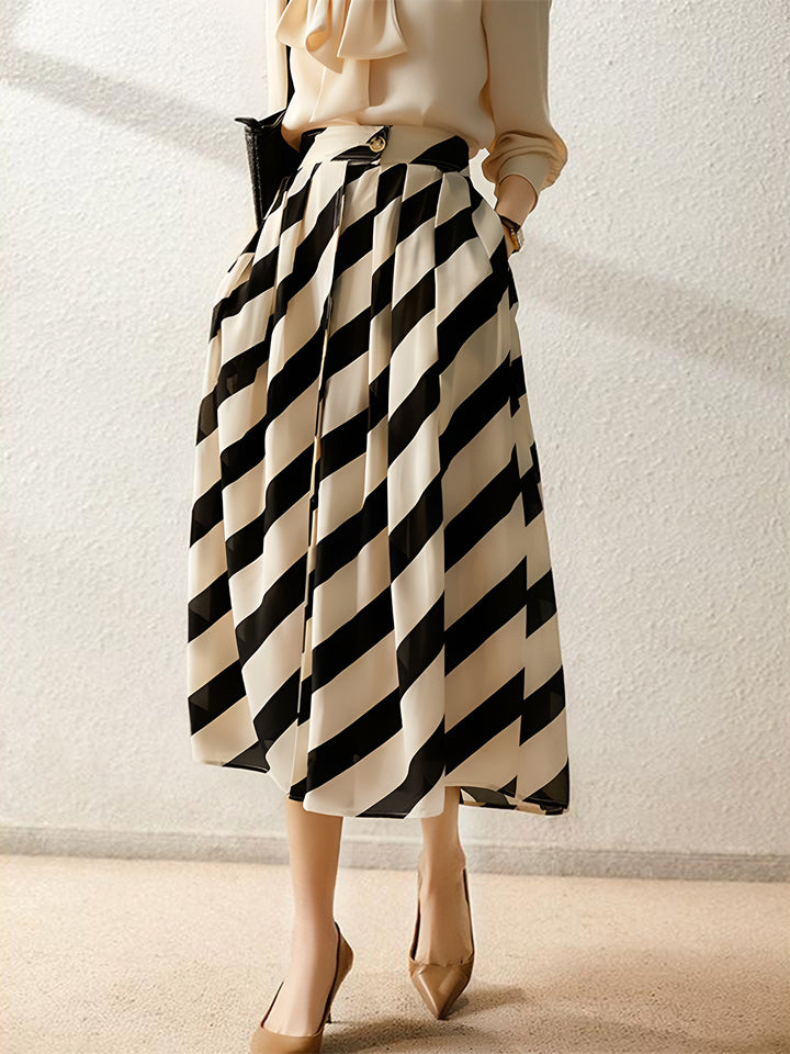 Elegant Striped Pleated Midi Skirt