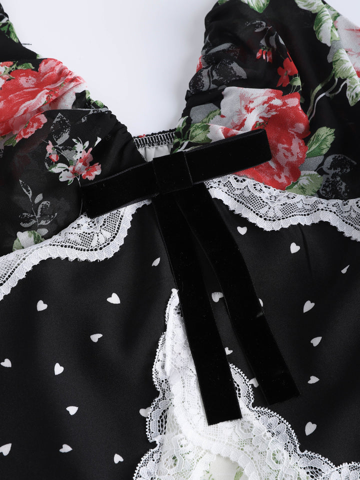 Floral Print Polka Dot Spliced Lace Trim Cami Maxi Dress