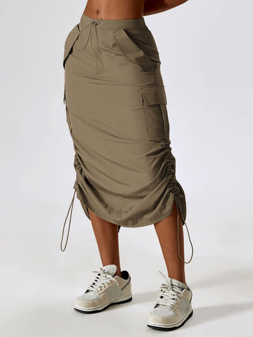 Drawstring Hem Toggle Waist Cargo Pocket Midi Skirt