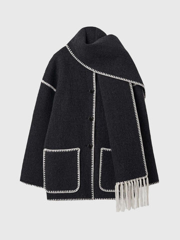 Scarf-Neckline Felt Woolen Coat