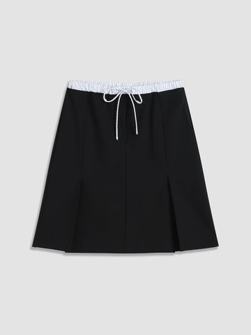 High Waisted A-Line Skirt with Contrast Waistband and Tie