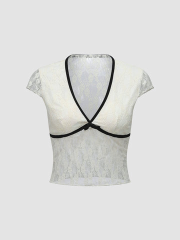 Lace V-Neck Short Sleeve Bow Tie Top