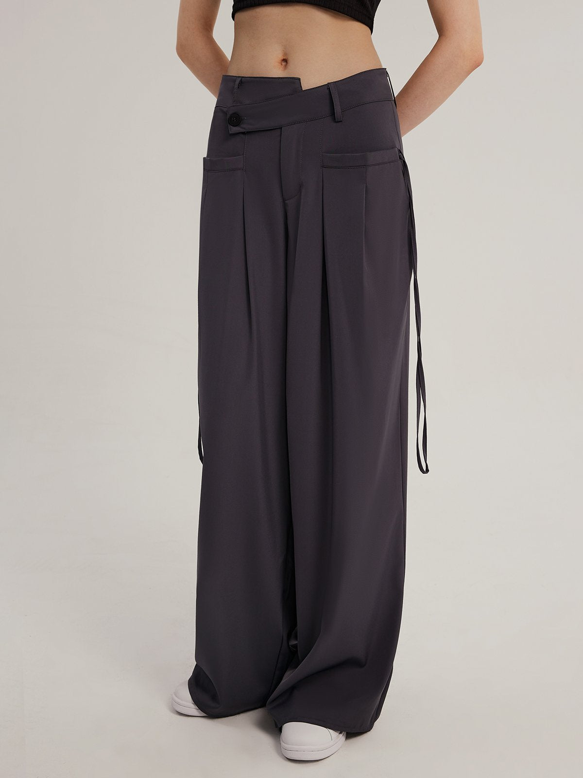 Asymmetrical Wasitband  Low-waisted Wide Leg Pants