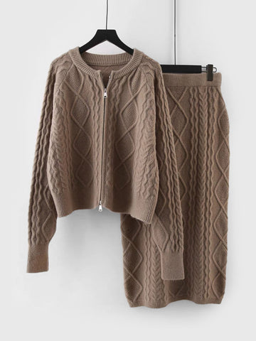 Zipper Closure Cardigan & Knit Midi Skrit Two-Piece Set