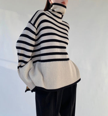 Striped Turtleneck Drop Shoulder Sweater
