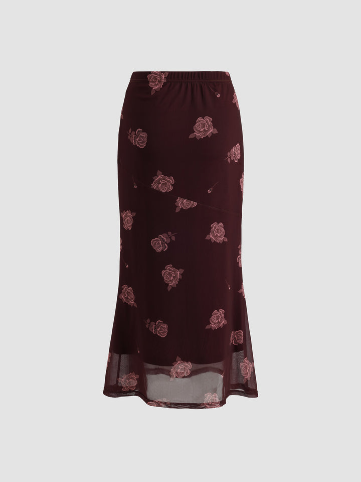 Floral Print Tulle Fishtail Skirt