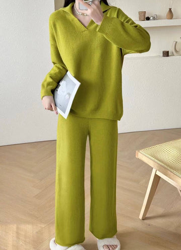 V Neck Lapel Comfy Sweater Loose Pant Two-Piece Lounge Set