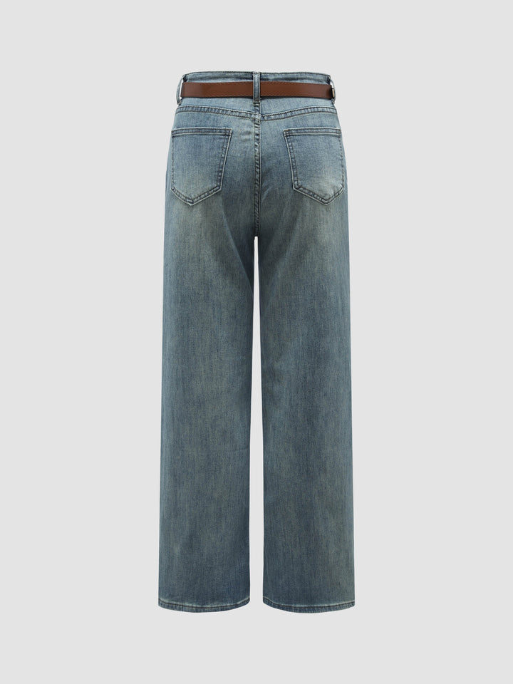 Wide-Leg Front Pockets Denim Jeans With Belt