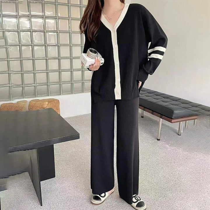 Chic Contrast Striped Cardigan+ Wide-leg Pants Knitted Set
