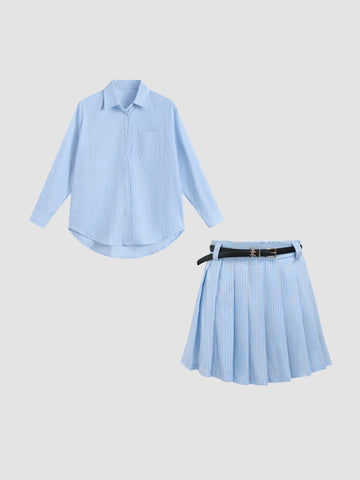 Striped Pleated Skirt & Shirt Two-Piece Set with Belt