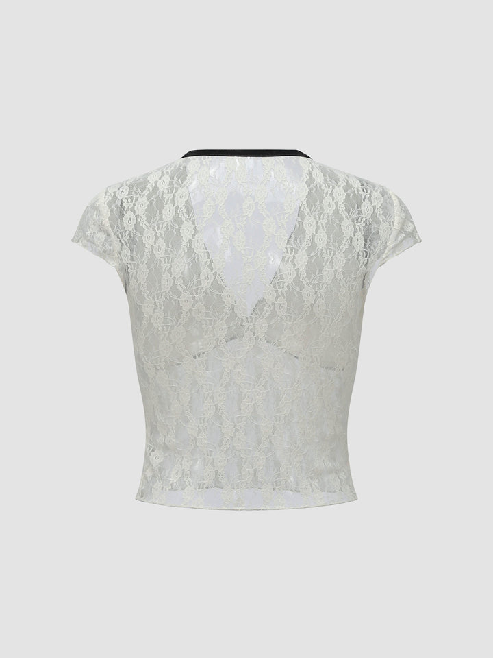 Lace V-Neck Short Sleeve Bow Tie Top