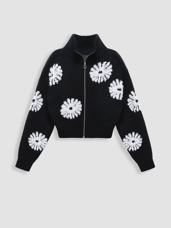 Floral Jacquard Zippered Cardigan - Ahaselected