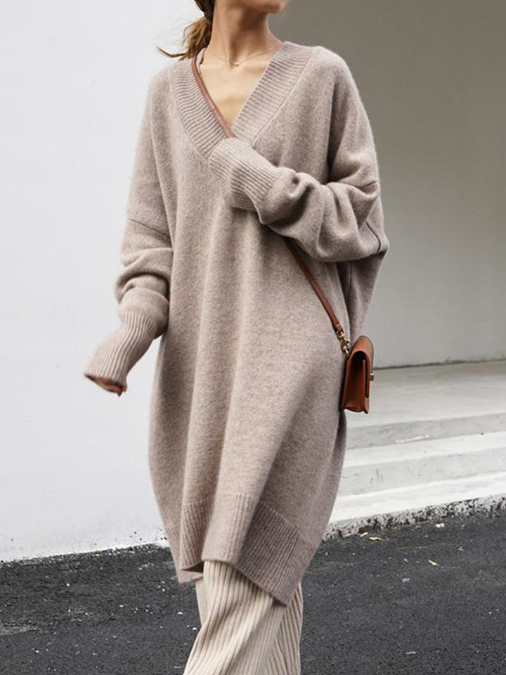 Oversized V-Neck Solid Knitted Sweater