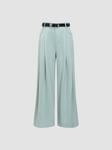 Pleated Front Loose Wide Leg Pants with Belt