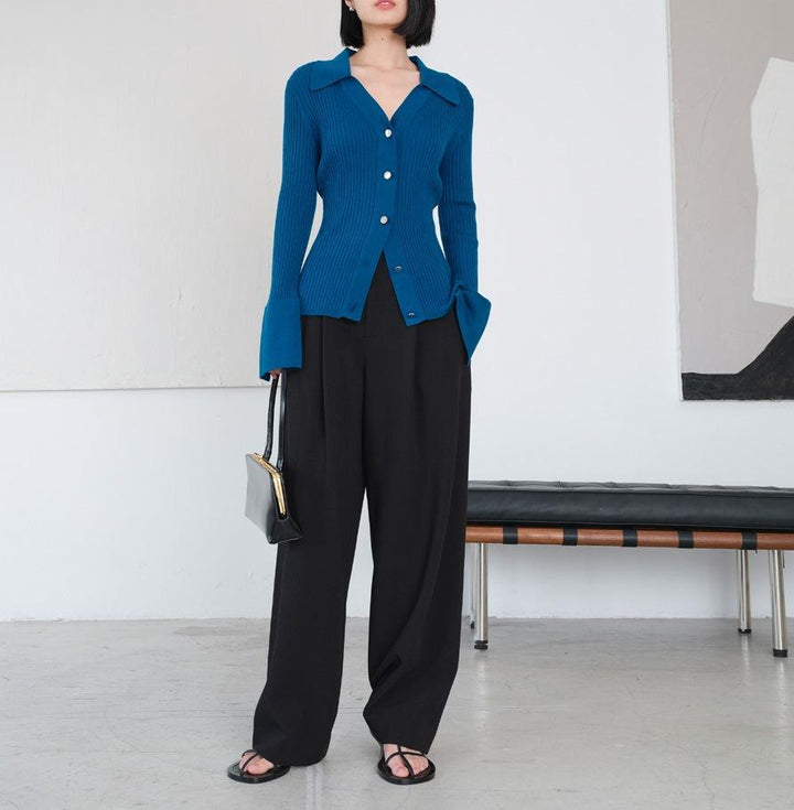 Texture Polo-neck Knit Cardigan