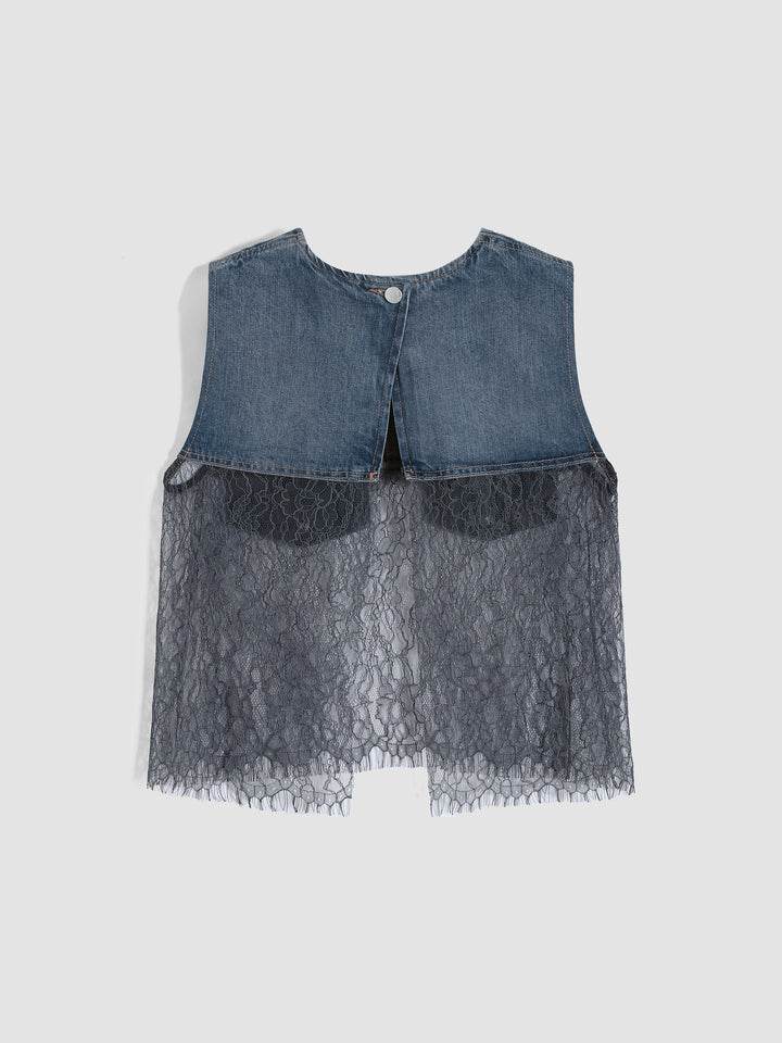 Cropped Denim Vest with Lace