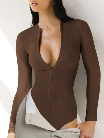 Zipper Long Sleeve Slim-Fit Knit Bodysuit