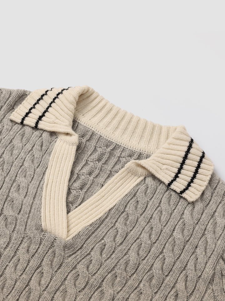 Cozy Cable-Knit Striped Collar Sweater