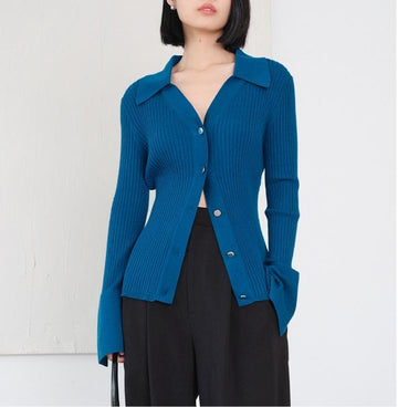 Texture Polo-neck Knit Cardigan