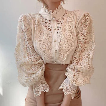 Chic Button Lace Hollow Flower Shirt