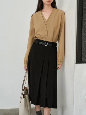 Lazy Lantern Sleeve Simple V-Neck Shirt