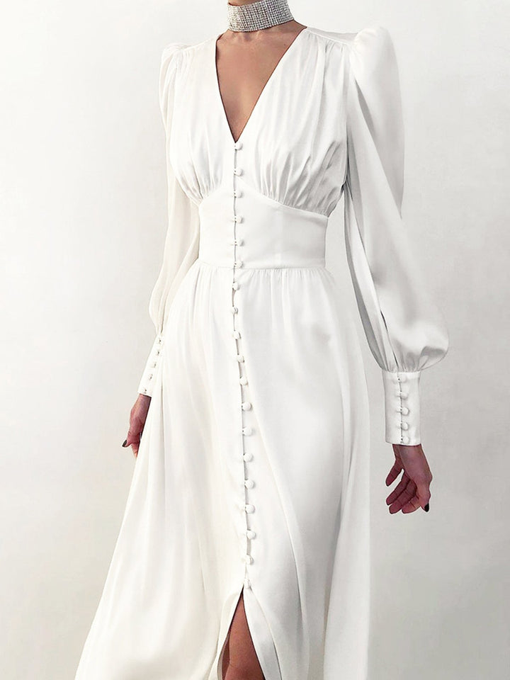 Lantern Sleeve V-neck Satin Midi Dress