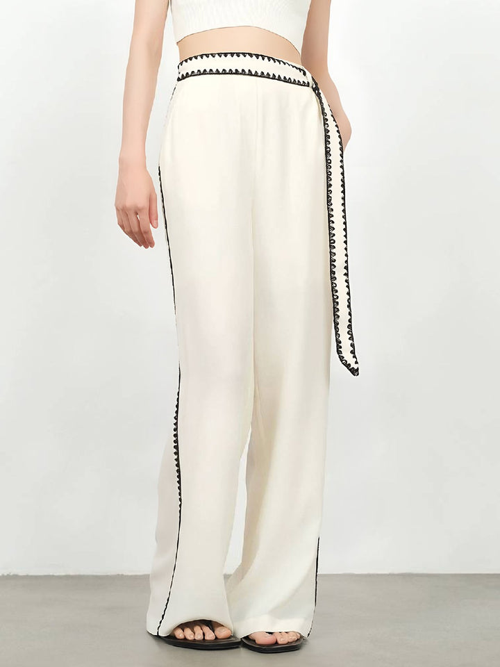 Embroidered Contrast Trim Wide Leg Pants with Belt