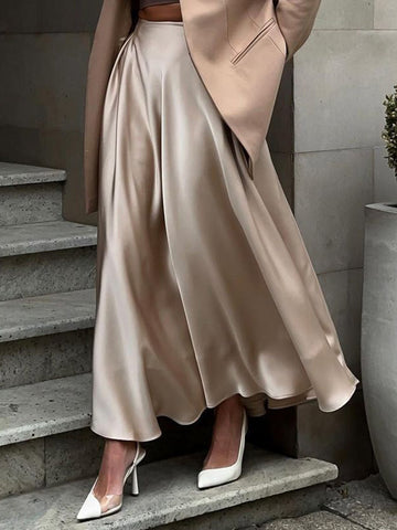 Elegant Satin High Waist Midi Skirt Dress