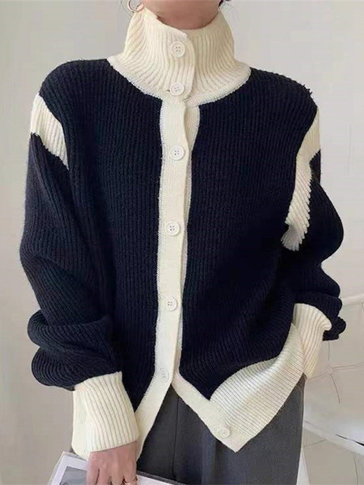 Cozy High Neck Color-Block Knit Cardigan