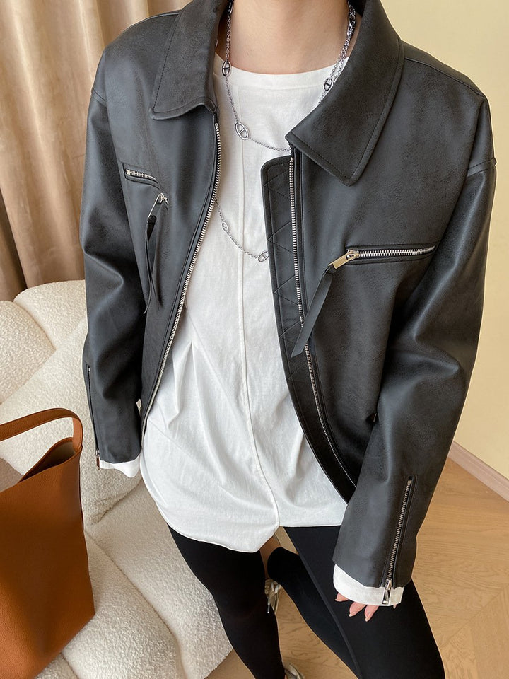 Retro Zip Leather Jacket Coat