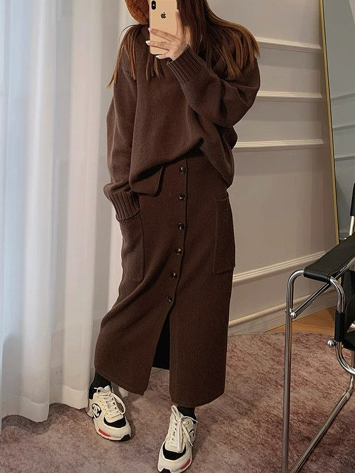 Knitted Hooded Top & Button Maxi Skirt Two-piece Set