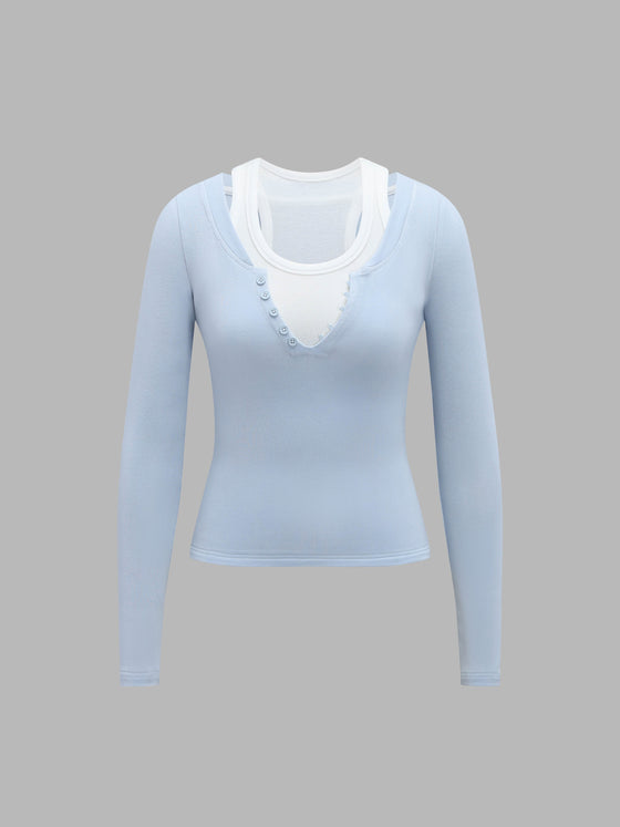 2-in-1 Henley-Streifen-T-Shirt für Damen