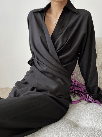 Chic Crossover Pleated Collar Blouse