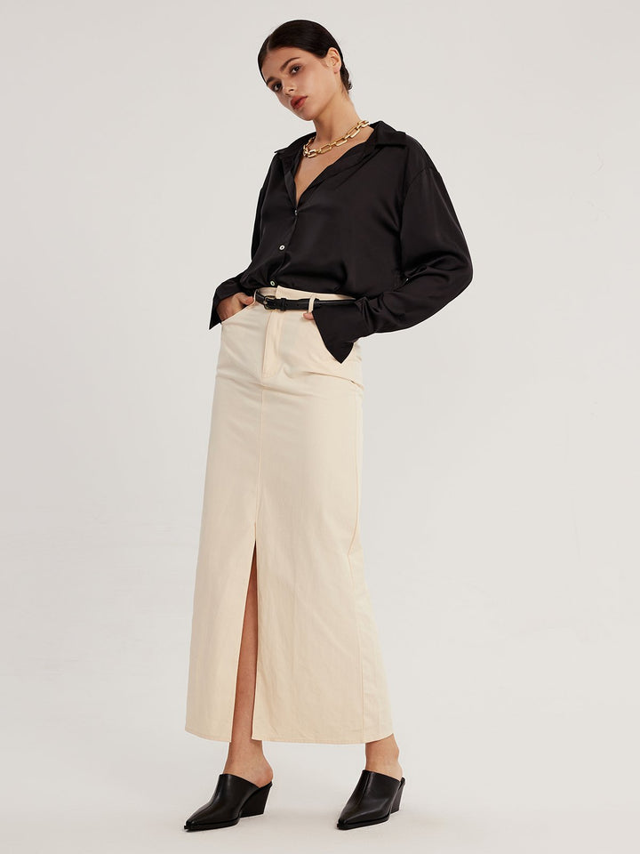 Cream Slit Twill Hook Maxi Skirt