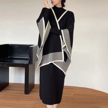 Pouch Colorblock Loose Knit Dress Set