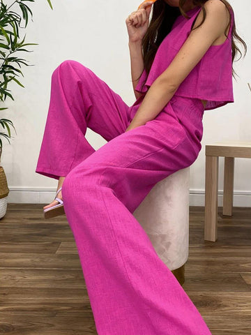 Breezy Cotton Cropped Tank Top +High Waist Pants Set
